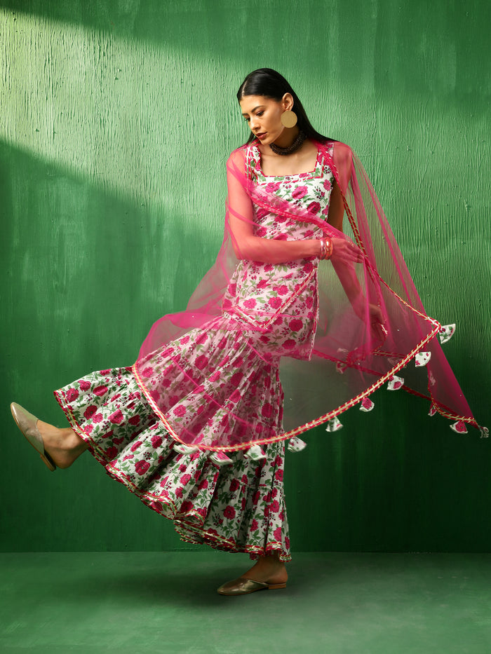 Ivory Rose Printed Blended Fabric Sharara Set With Pink Dupatta