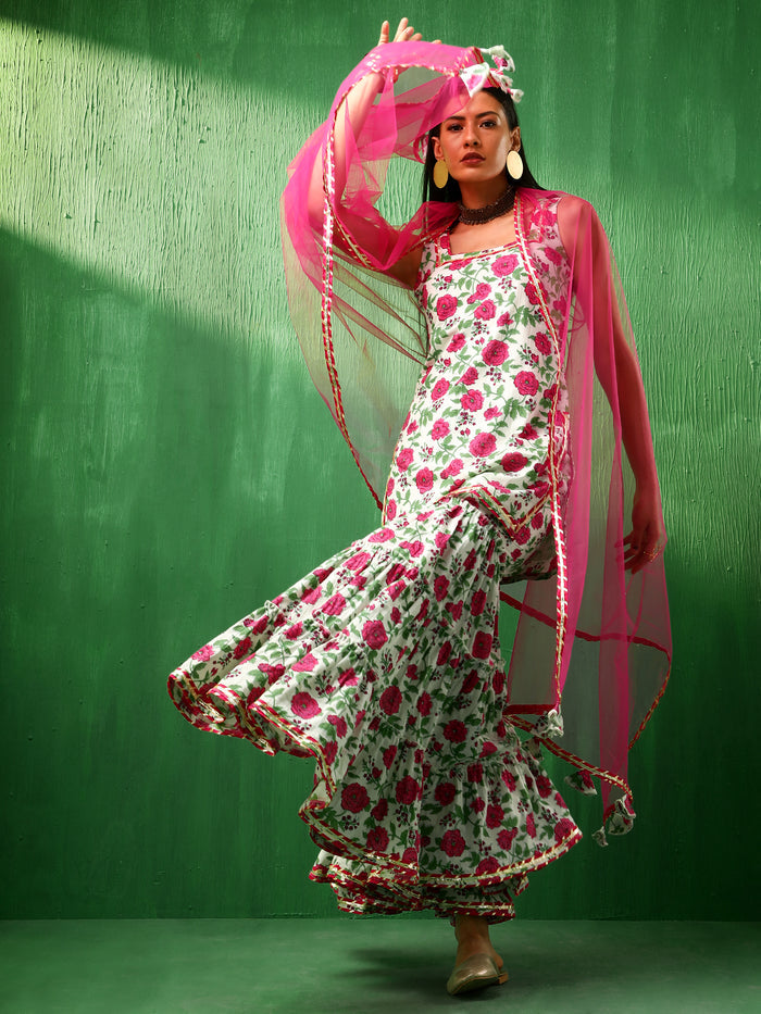 Ivory Rose Printed Blended Fabric Sharara Set With Pink Dupatta