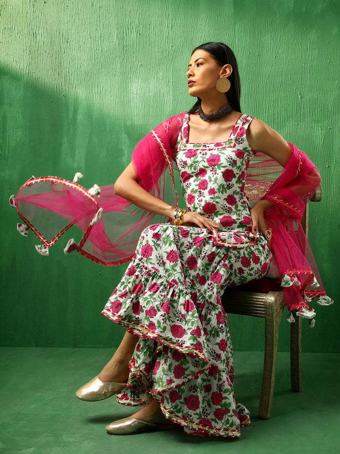 Ivory Rose Printed Blended Fabric Sharara Set With Pink Dupatta