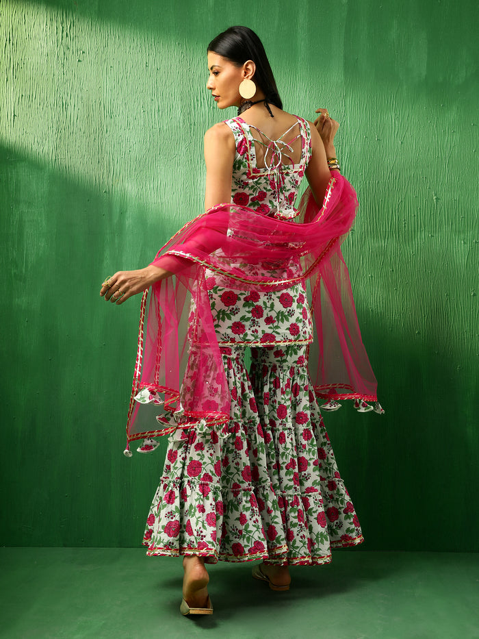 Ivory Rose Printed Blended Fabric Sharara Set With Pink Dupatta