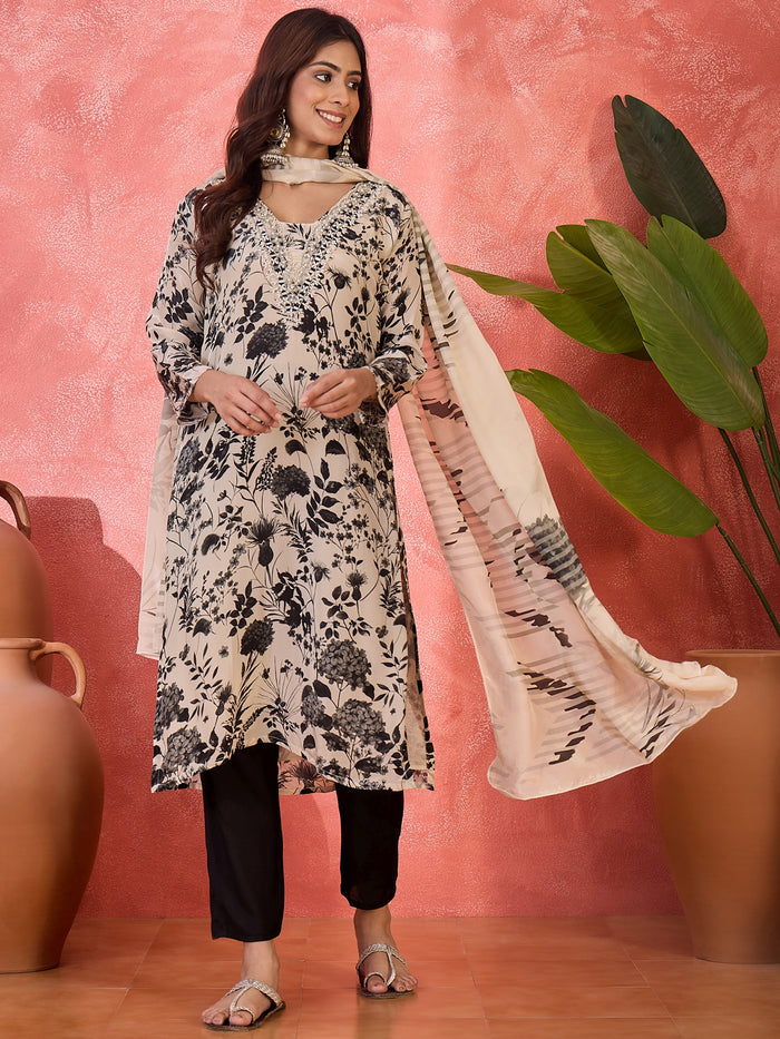 Ivory Silk Kurti With Botanical Print