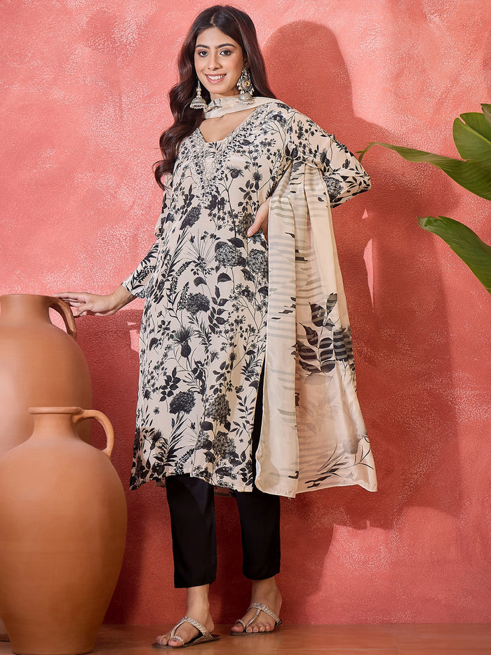 Ivory Silk Kurti With Botanical Print