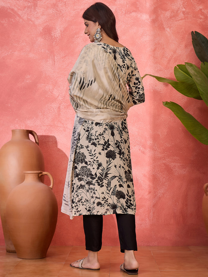 Ivory Silk Kurti With Botanical Print