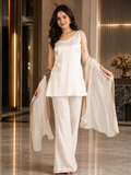 Ivory Silk Kurti With Golden Striped Dupatta