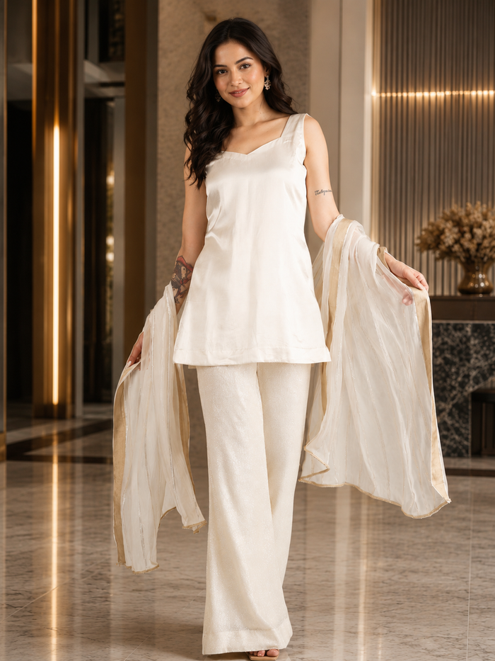 Ivory Silk Kurti With Golden Striped Dupatta