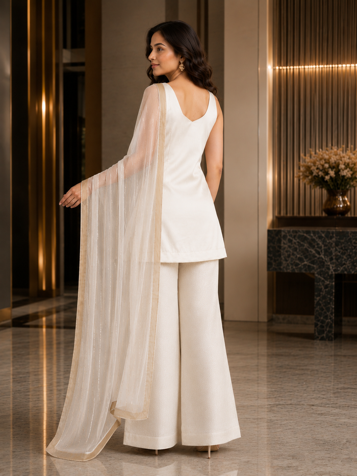 Ivory Silk Kurti With Golden Striped Dupatta