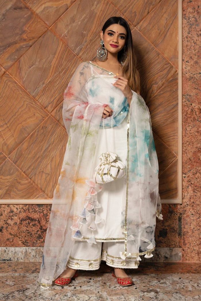 Ivory Solid Silk Blend Salwar Set With Tie-Dye Organza Dupatta