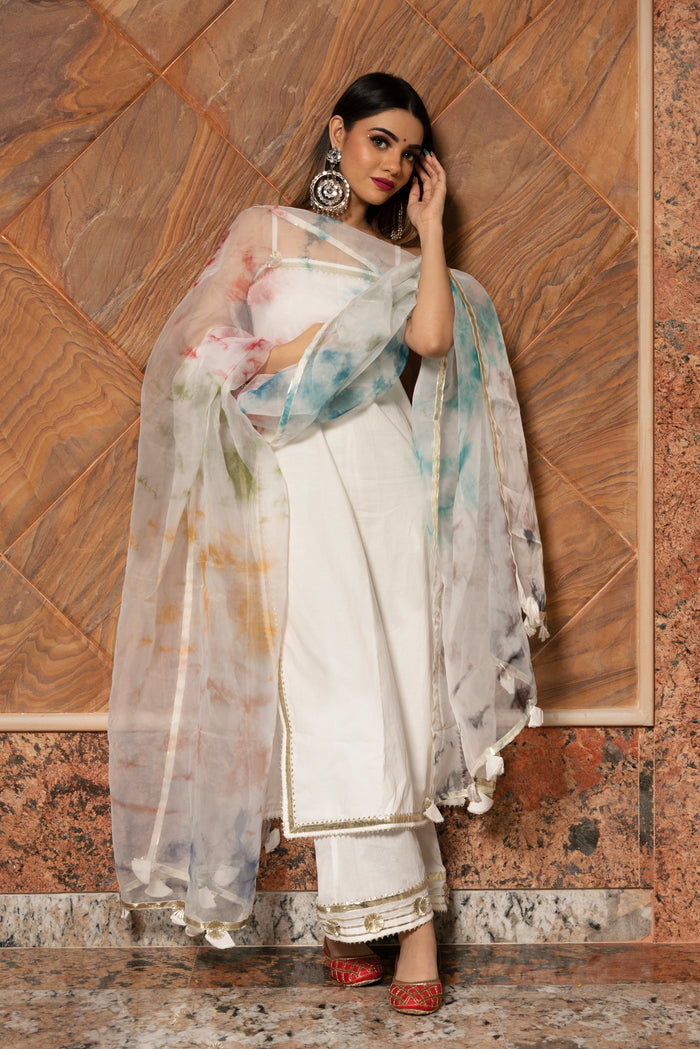 Ivory Solid Silk Blend Salwar Set With Tie-Dye Organza Dupatta