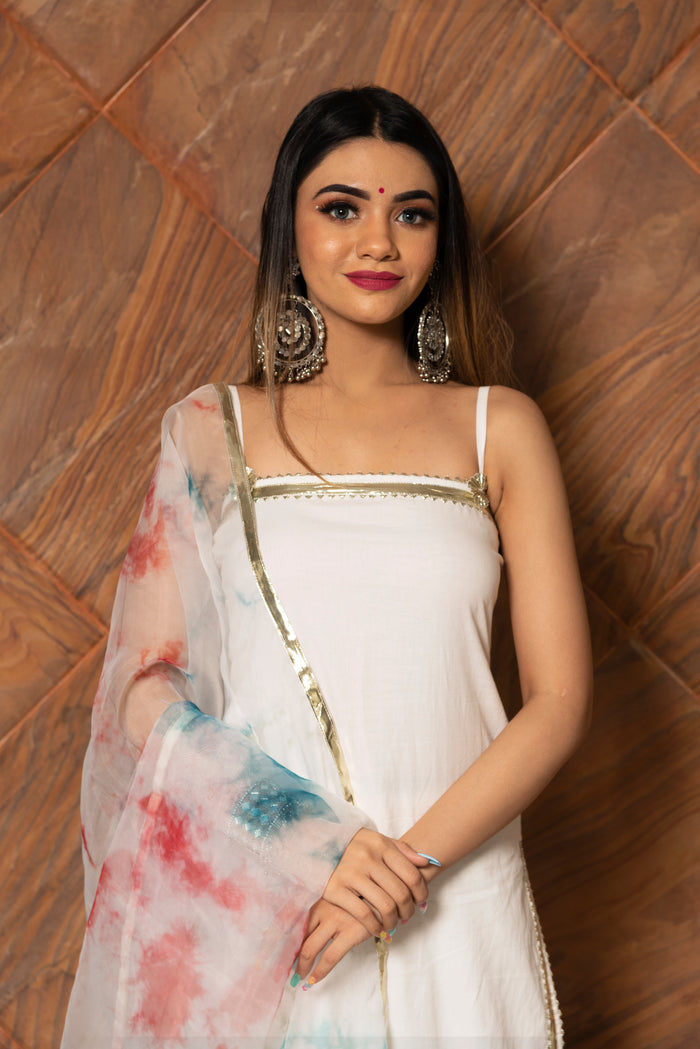 Ivory Solid Silk Blend Salwar Set With Tie-Dye Organza Dupatta