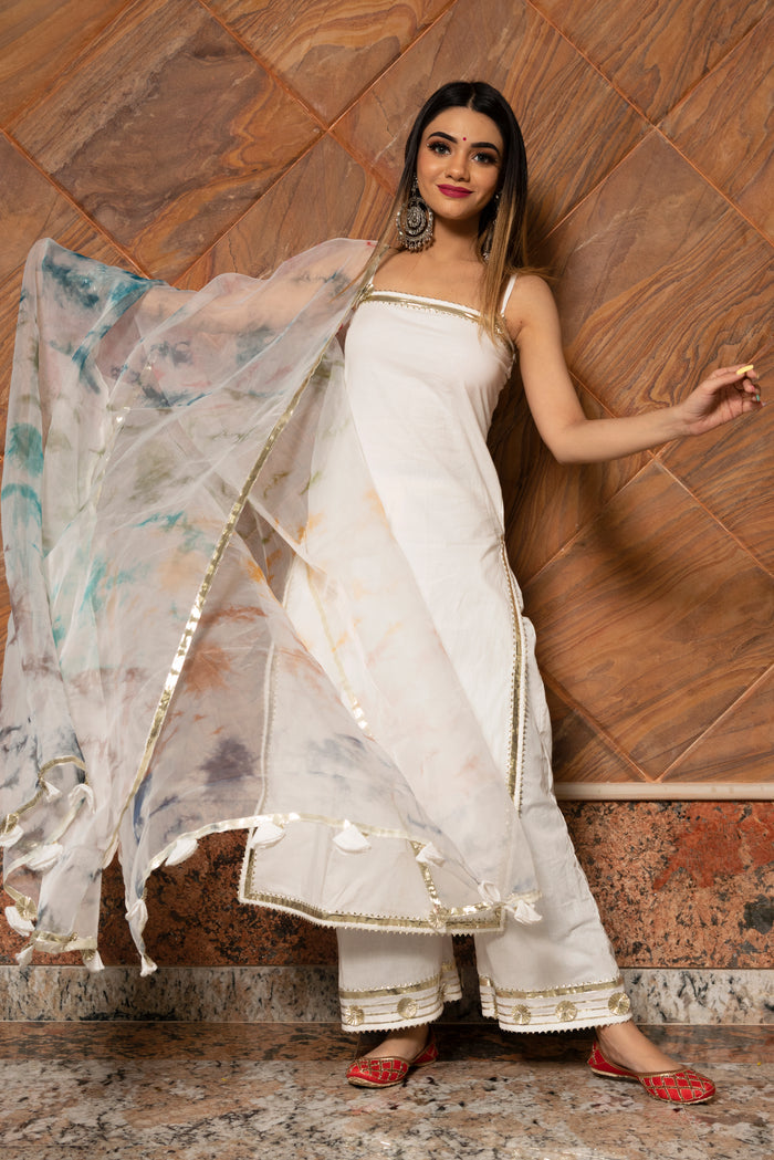 Ivory Solid Silk Blend Salwar Set With Tie-Dye Organza Dupatta