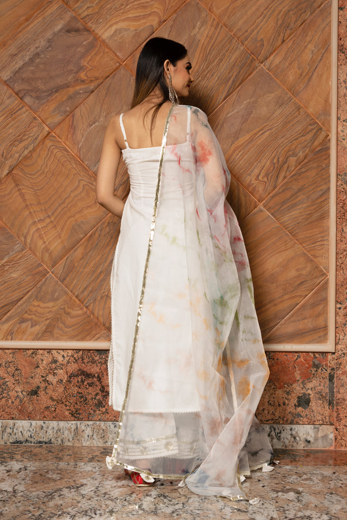 Ivory Solid Silk Blend Salwar Set With Tie-Dye Organza Dupatta