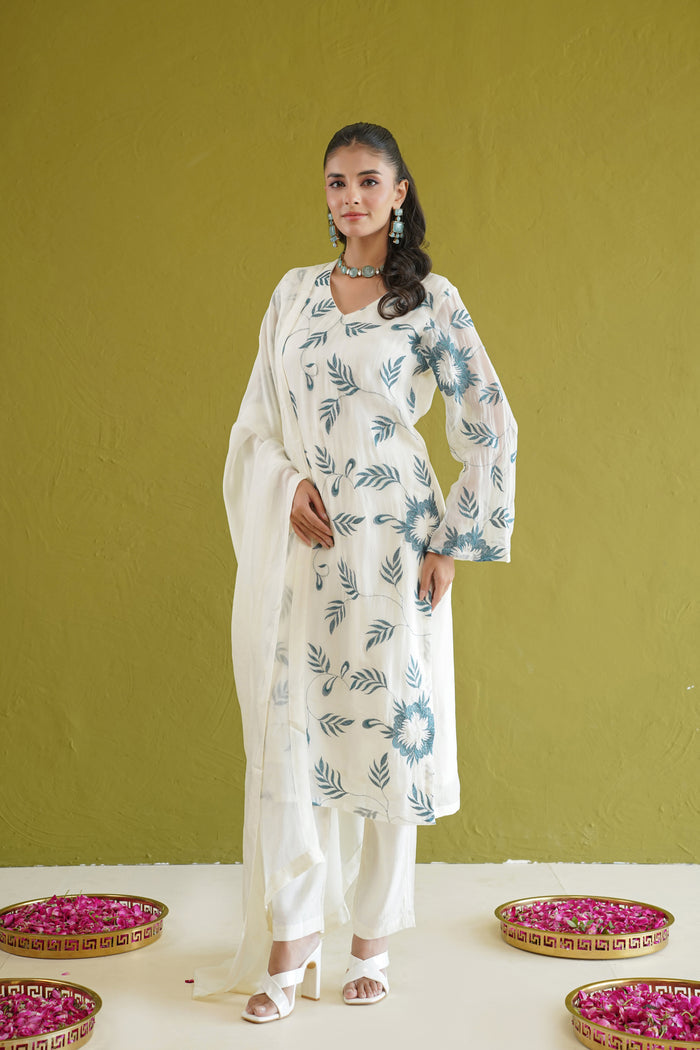 Ivory Teal Vine Embroidered Kurti