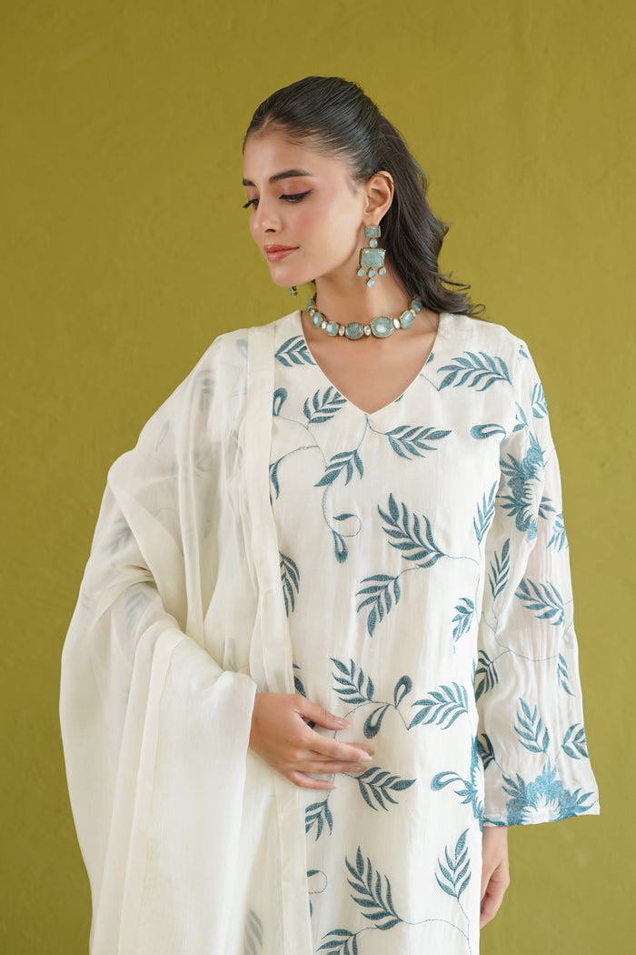 Ivory Teal Vine Embroidered Kurti