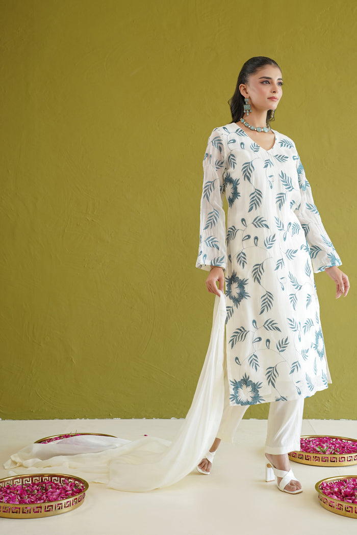 Ivory Teal Vine Embroidered Kurti