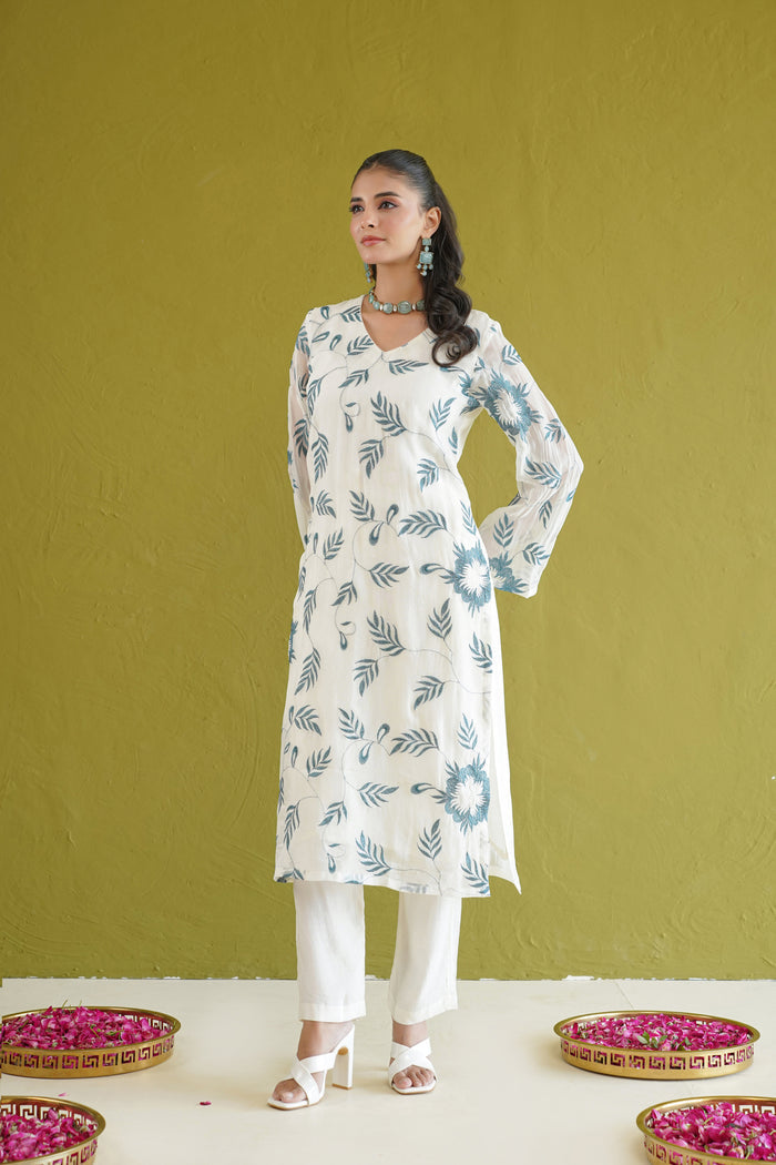 Ivory Teal Vine Embroidered Kurti