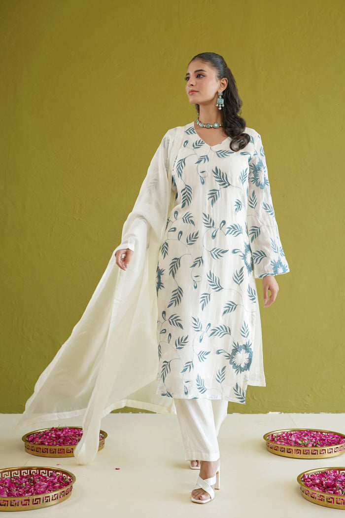 Ivory Teal Vine Embroidered Kurti