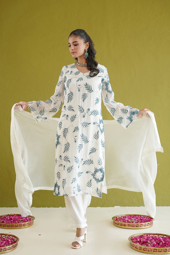 Ivory Teal Vine Embroidered Kurti