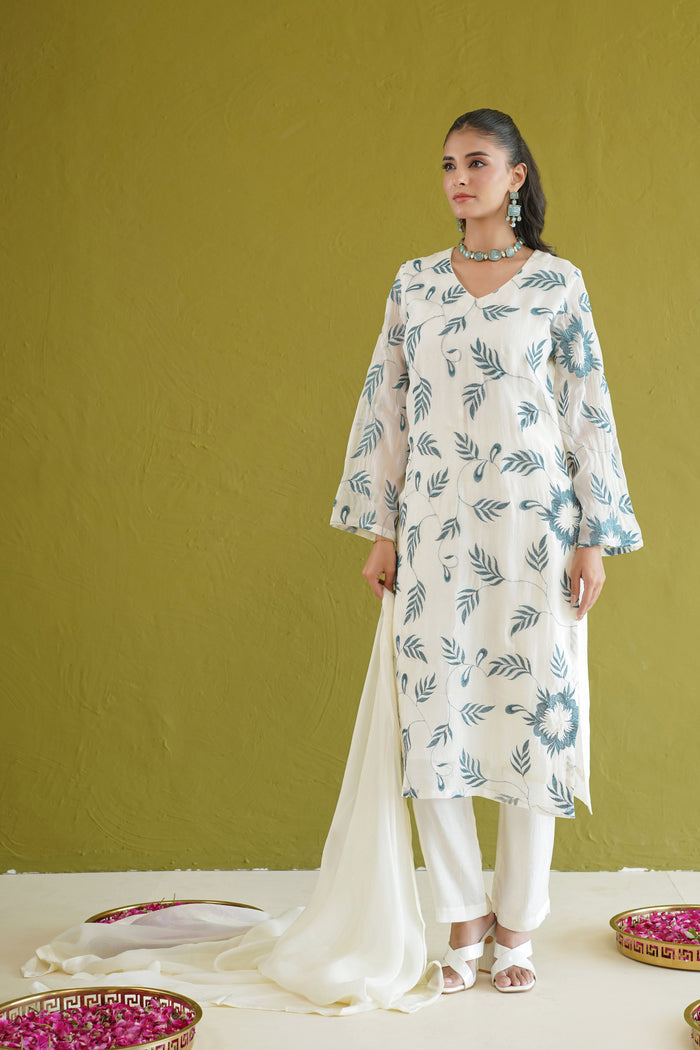 Ivory Teal Vine Embroidered Kurti