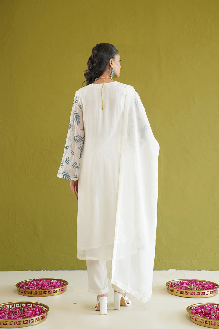 Ivory Teal Vine Embroidered Kurti
