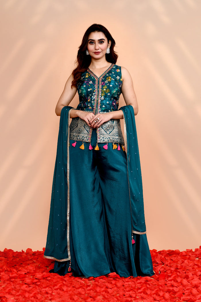 Jade Green Crepe Silk Floral Sharara Set