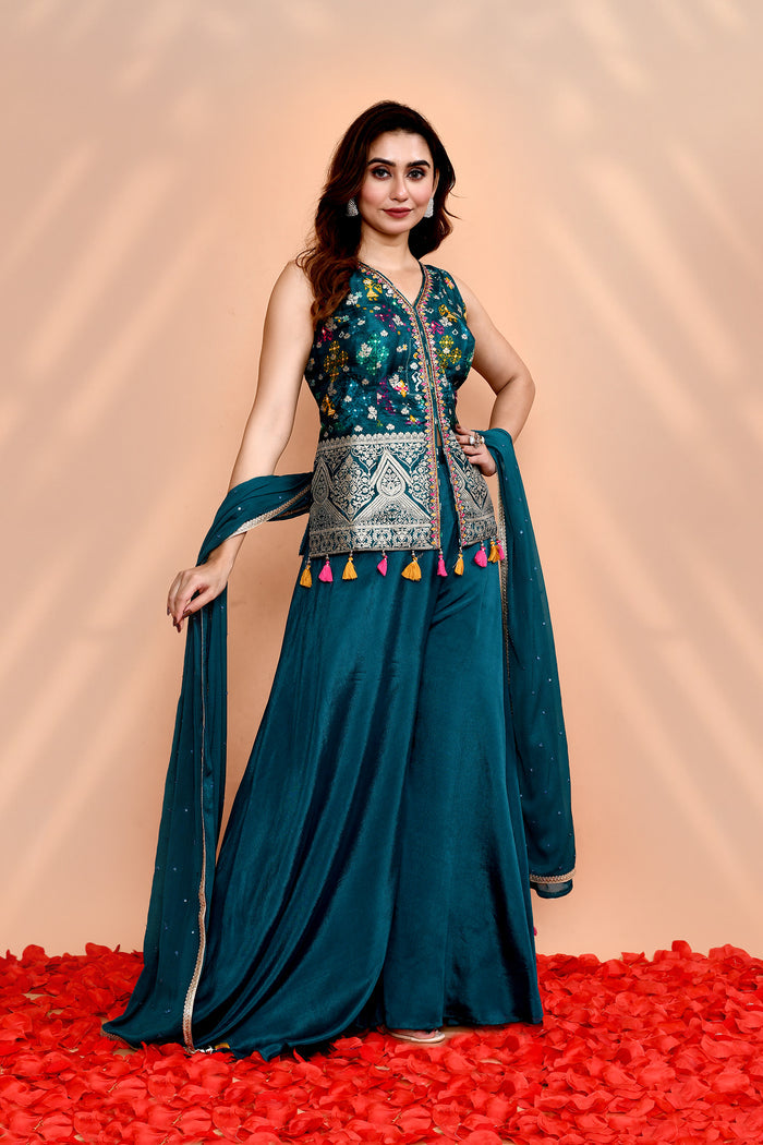 Jade Green Crepe Silk Floral Sharara Set