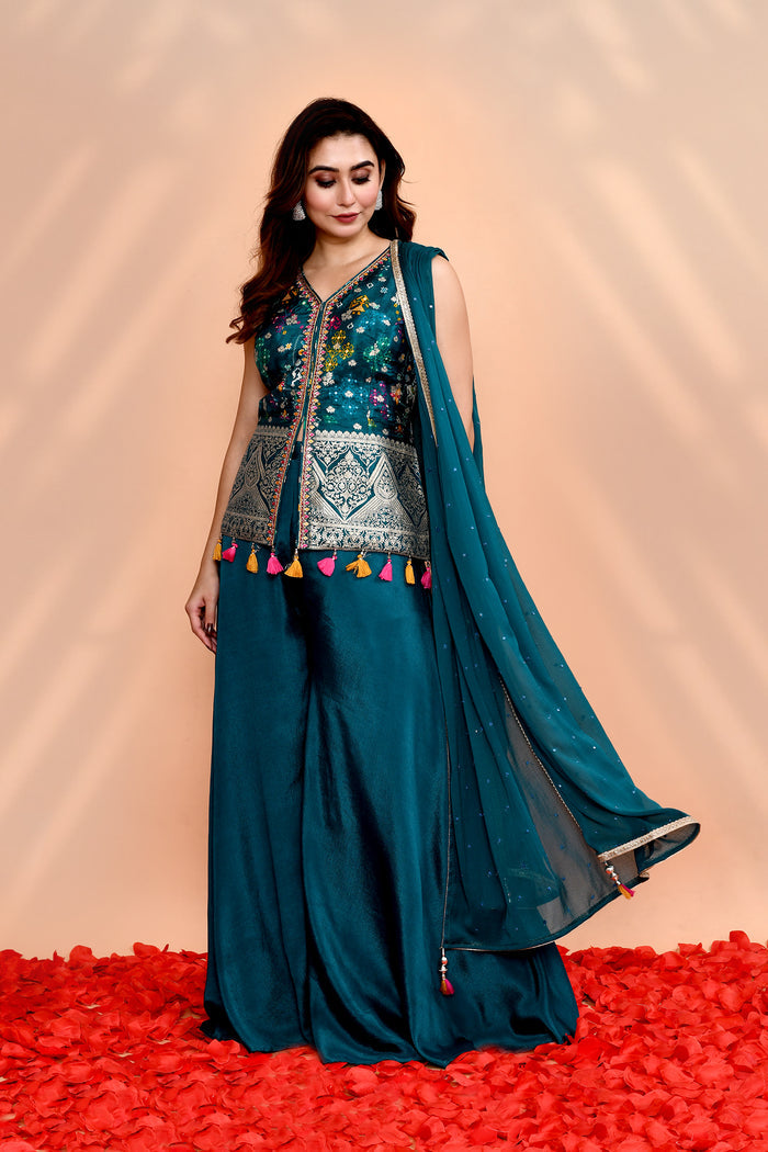 Jade Green Crepe Silk Floral Sharara Set