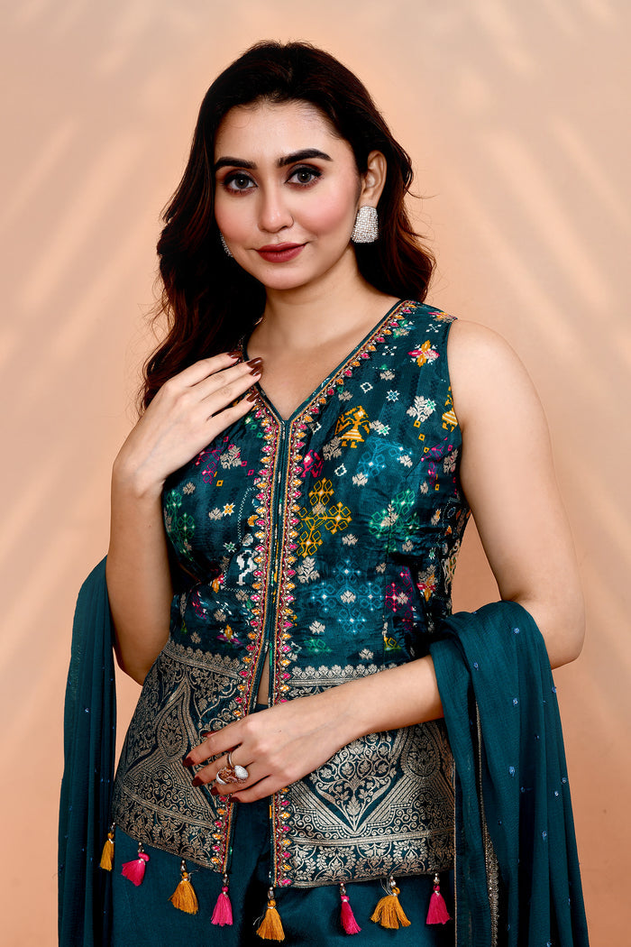 Jade Green Crepe Silk Floral Sharara Set