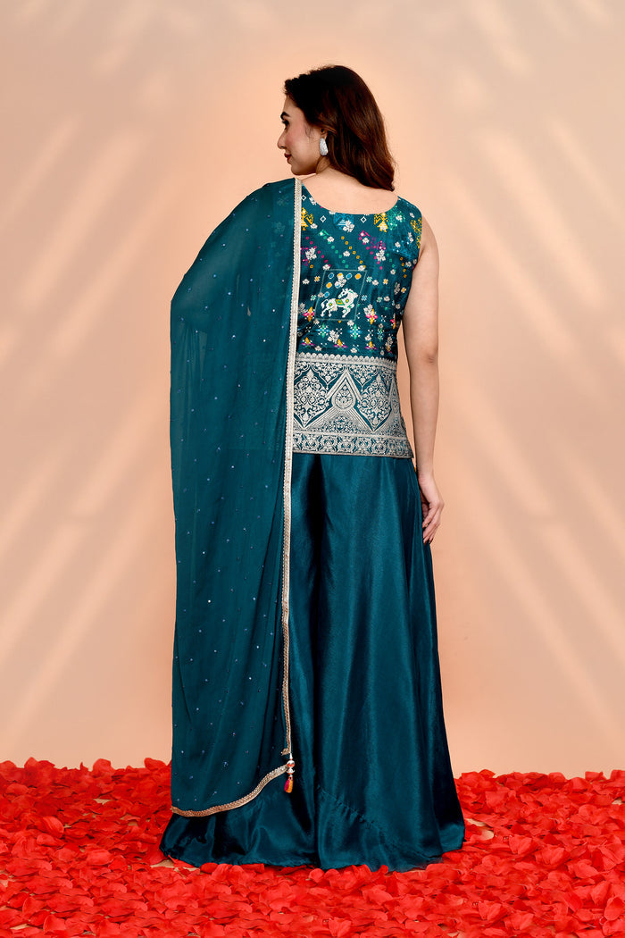 Jade Green Crepe Silk Floral Sharara Set