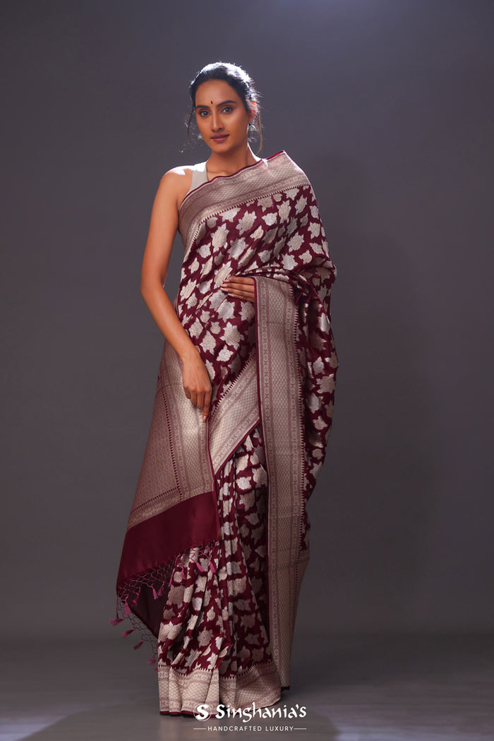 <img> Jam Purple Floral Banarasi Silk Saree