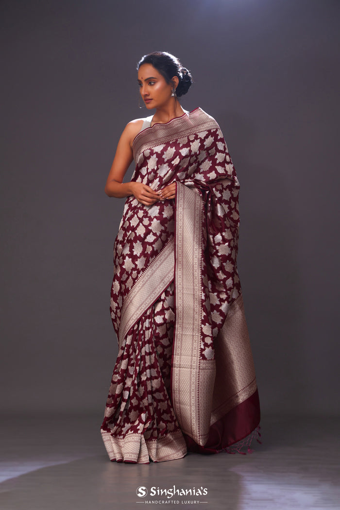 <img> Jam Purple Floral Banarasi Silk Saree