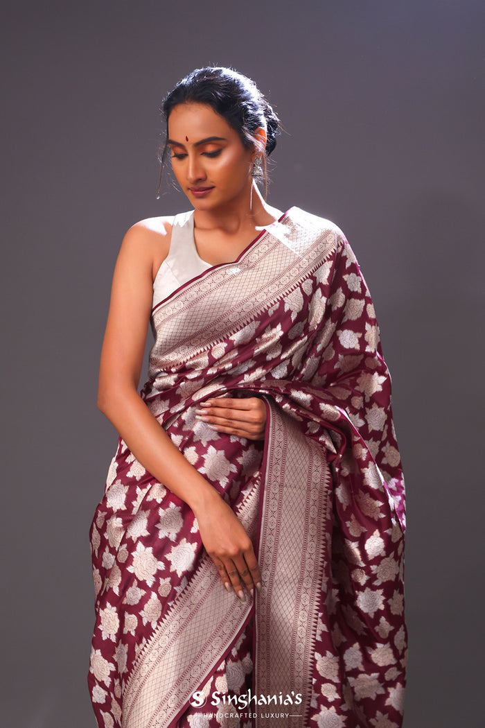 <img> Jam Purple Floral Banarasi Silk Saree