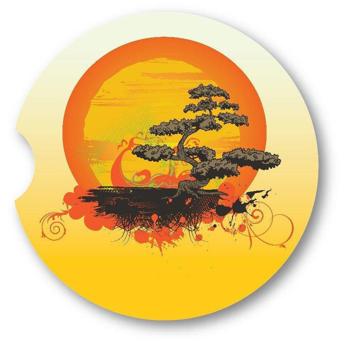 Japanese Bonsai Tree Car Coaster set of 2/  2.5" Acrylic Key Chain - Schoppix Gifts