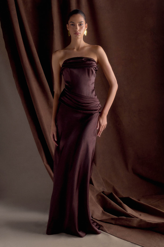 Jasmine Strapless Satin Maxi Dress - Dark Chocolate