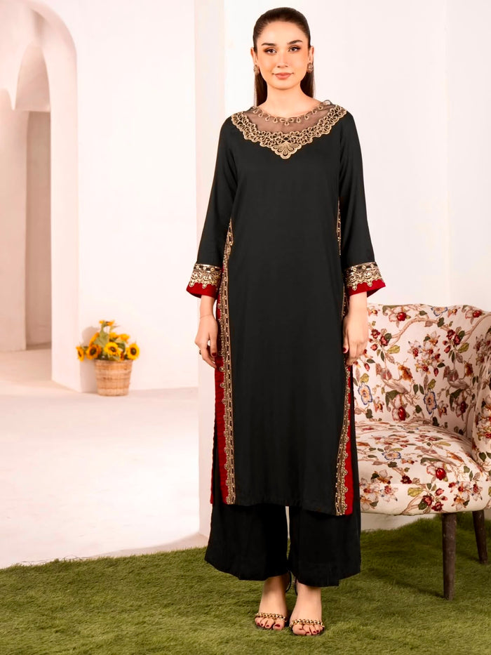 Jet Black Chanderi Kurti With Red Border Detail