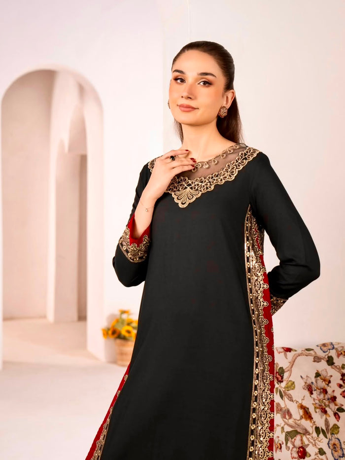 Jet Black Chanderi Kurti With Red Border Detail