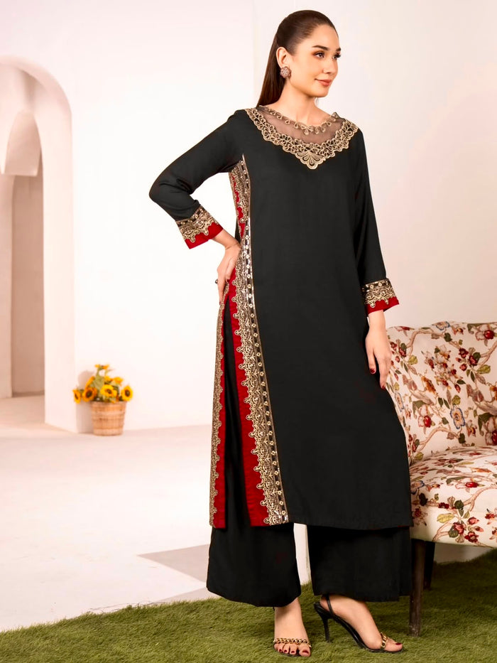 Jet Black Chanderi Kurti With Red Border Detail