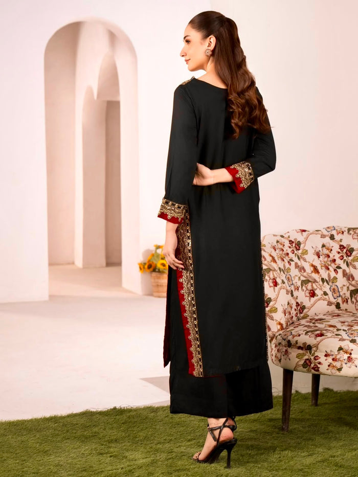 Jet Black Chanderi Kurti With Red Border Detail