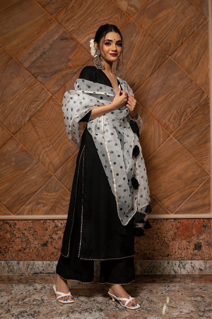 Jet Black Cotton Salwar Set With Polka Dot Organza Dupatta