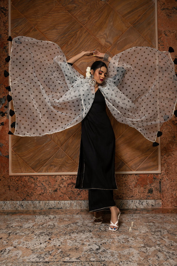 Jet Black Cotton Salwar Set With Polka Dot Organza Dupatta