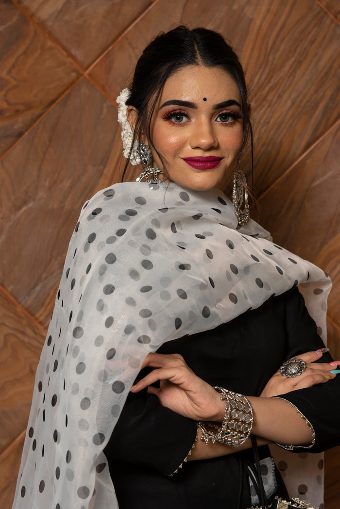 Jet Black Cotton Salwar Set With Polka Dot Organza Dupatta