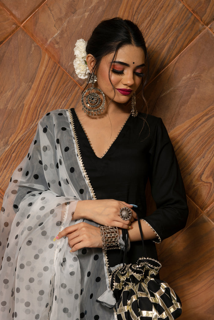 Jet Black Cotton Salwar Set With Polka Dot Organza Dupatta