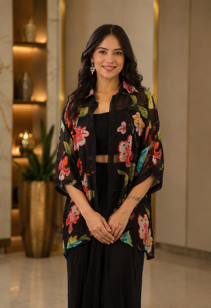 Jet Black Floral Georgette Indo Western Set