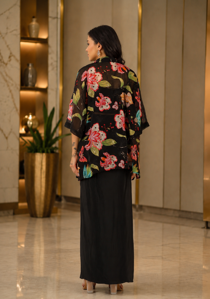 Jet Black Floral Georgette Indo Western Set