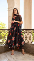 Jet Black Floral Printed Organza Anarkali Set With Sheer Dupatta