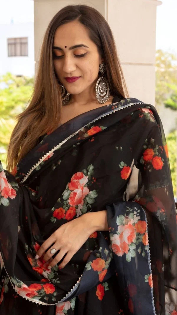 Jet Black Floral Printed Organza Anarkali Set With Sheer Dupatta