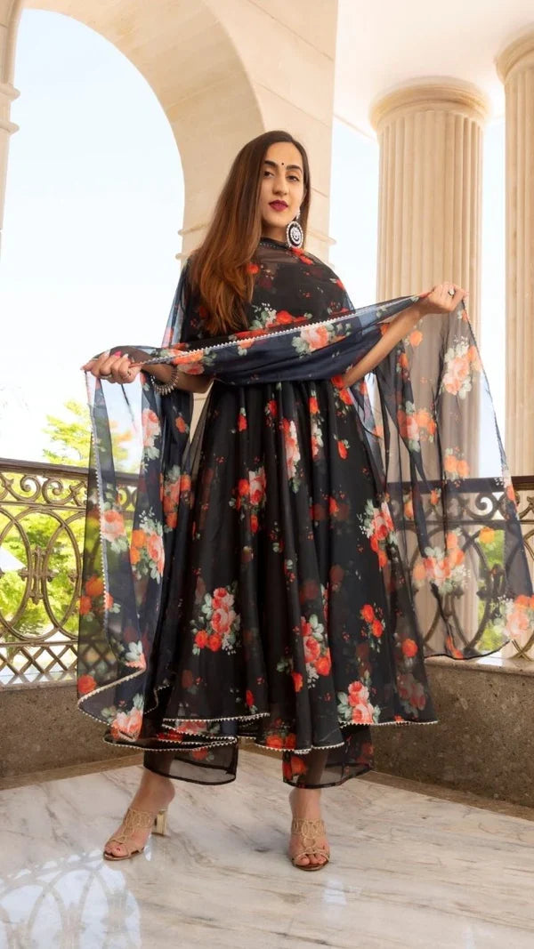 Jet Black Floral Printed Organza Anarkali Set With Sheer Dupatta