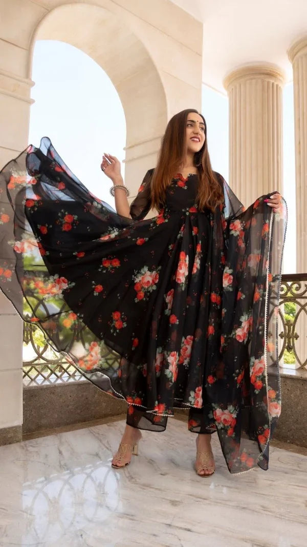 Jet Black Floral Printed Organza Anarkali Set With Sheer Dupatta