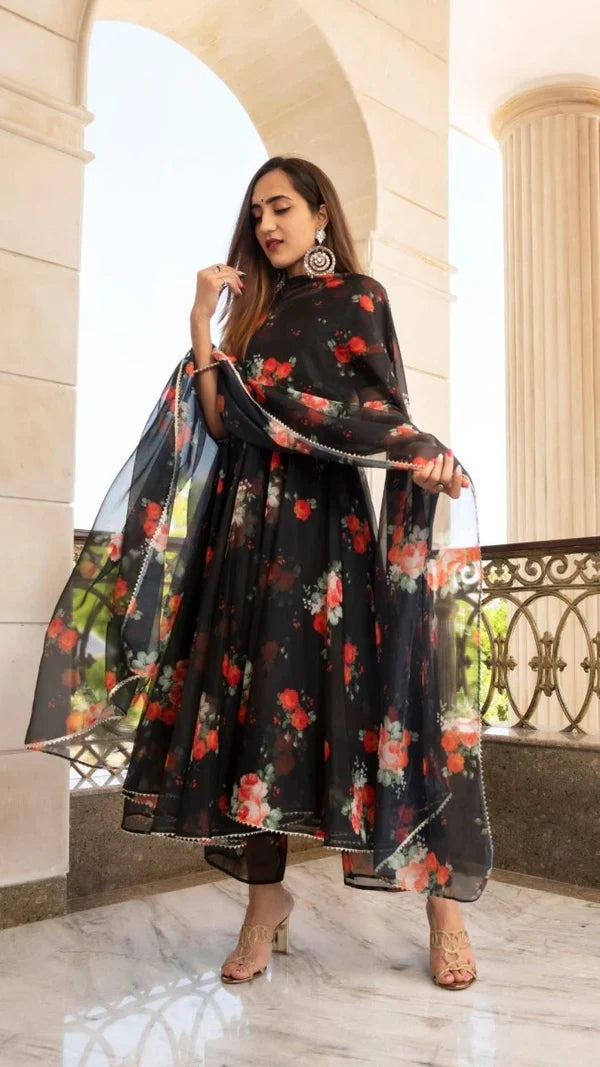 Jet Black Floral Printed Organza Anarkali Set With Sheer Dupatta