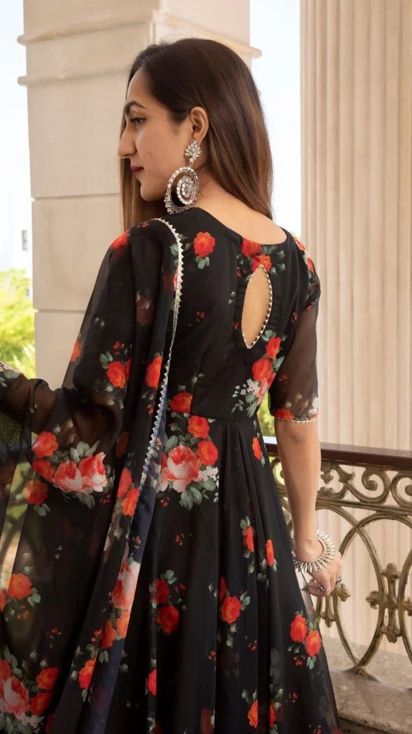 Jet Black Floral Printed Organza Anarkali Set With Sheer Dupatta