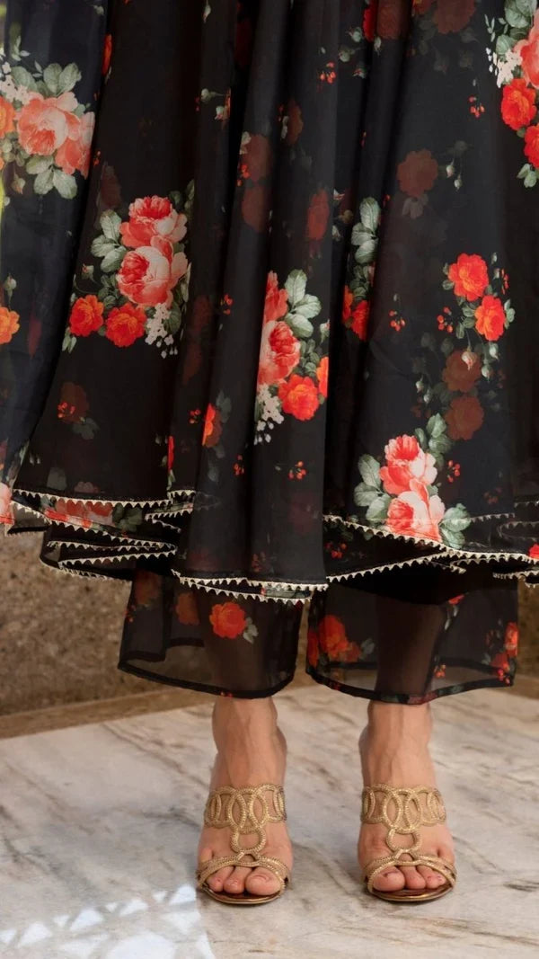 Jet Black Floral Printed Organza Anarkali Set With Sheer Dupatta